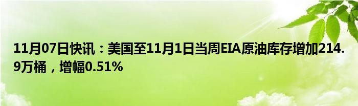 11月07日快讯：美国至11月1日当周EIA原油库存增加214.9万桶，增幅0.51%